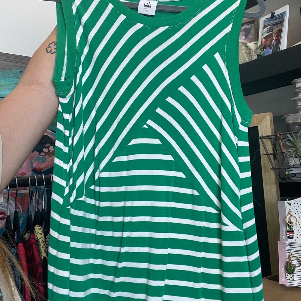 CAbi Green and White Diagonal Stripe Tank Top